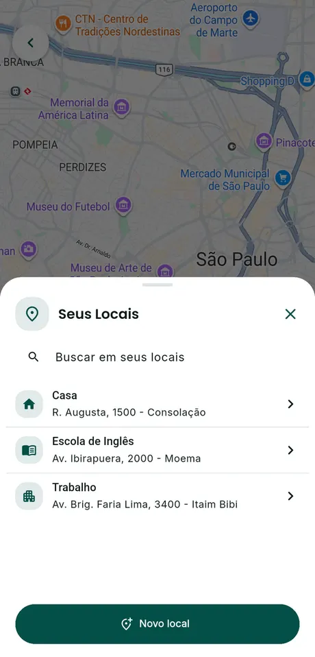 Gotyu Places screen: the Your Places sheet with search and the list of saved places