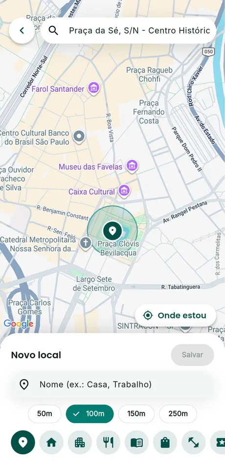Gotyu New place screen: the map with the place radius, the name, the radius and the icon