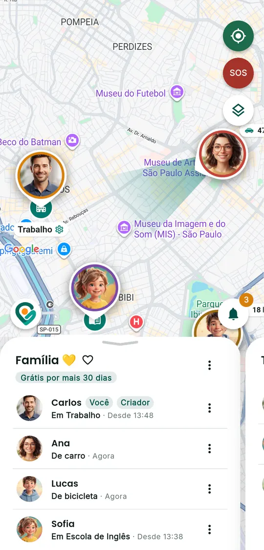 Gotyu home screen: the map with the people of the Family circle and the panel showing where each one is